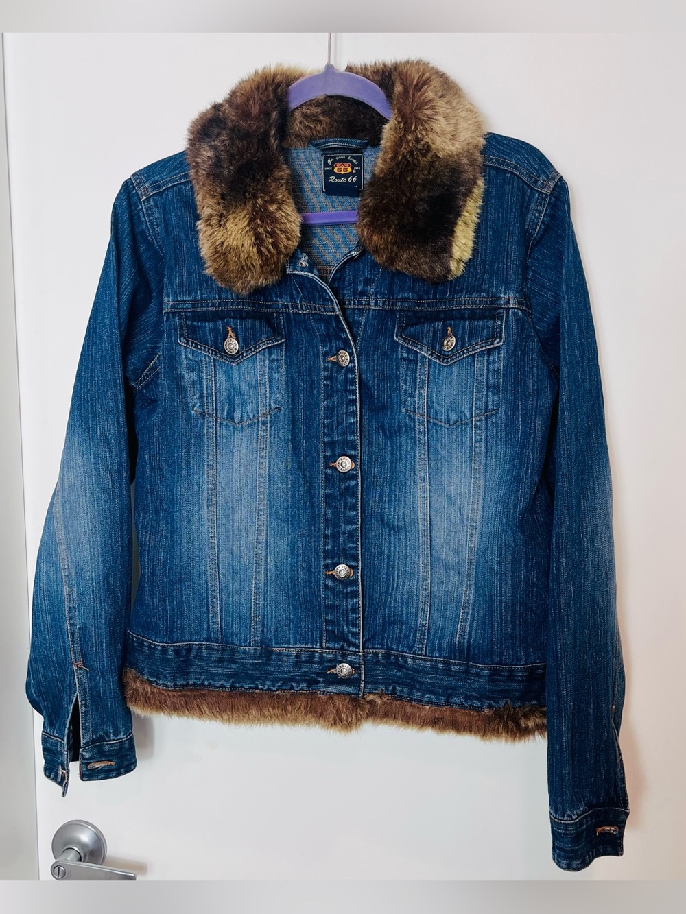 Route 66 Y2K Faux Fur‎ Trim Denim Trucker Jacket Blue Button Large VTG Icon